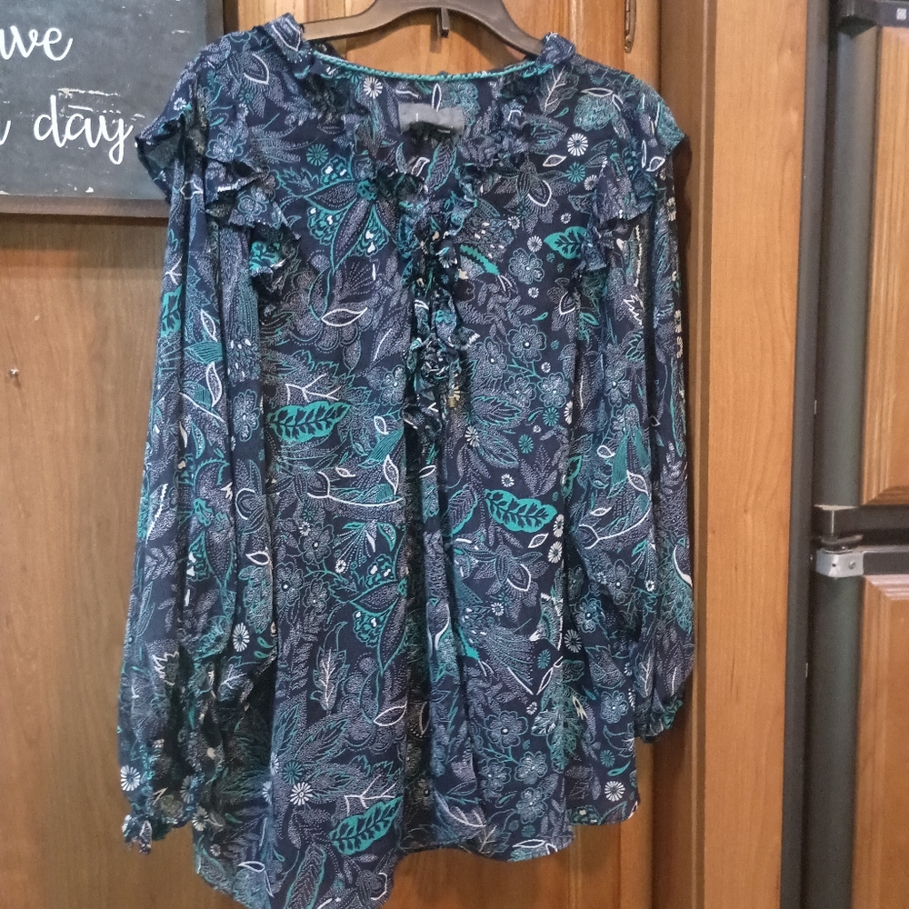Anthropologie Navy and Teal Floral Semi Sheer Blouse Large